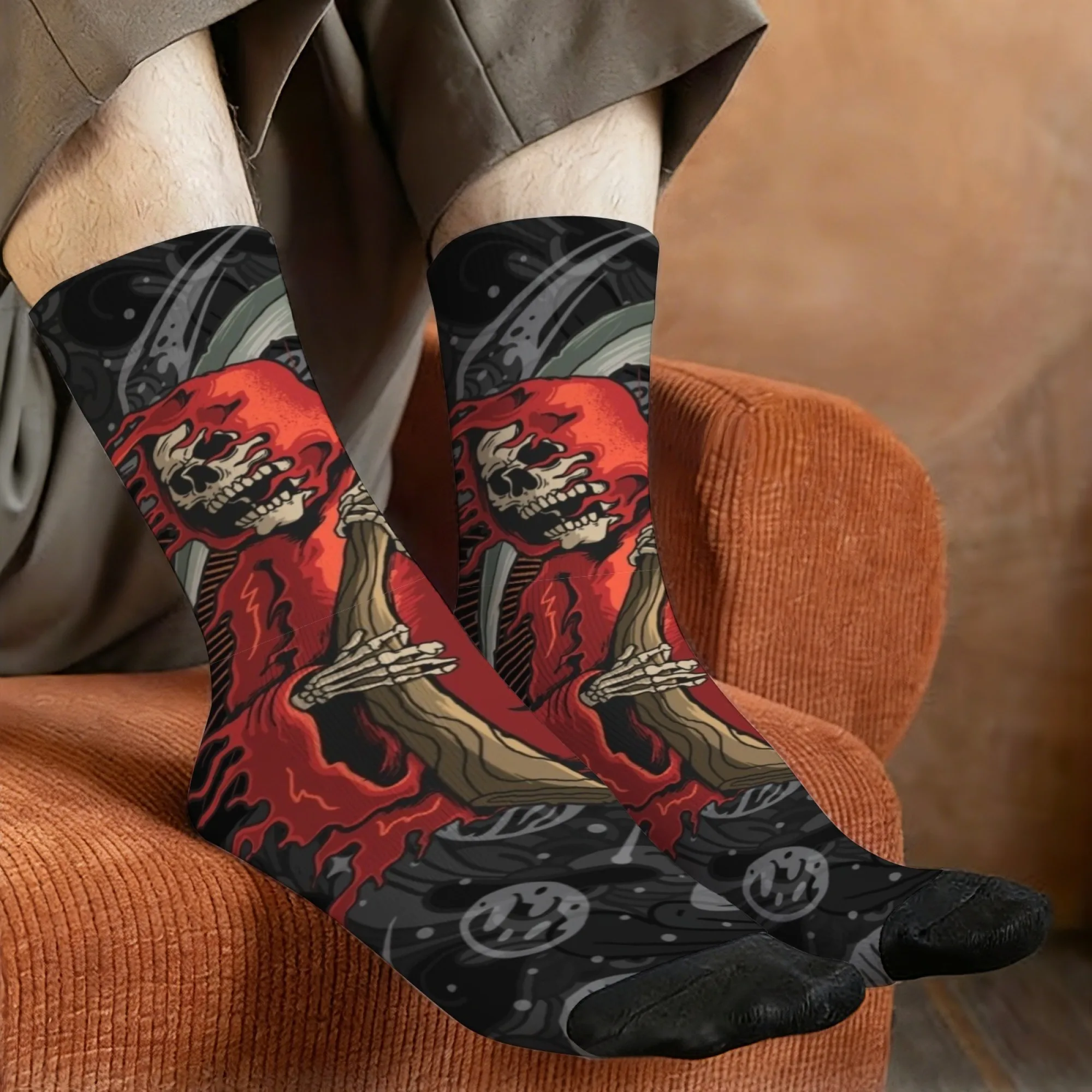 Harajuku Retro Dark Death Print Men's Socks Novel Street Gothic Death Aesthetics Casual Socks Crazy Party Holiday Fun Gift