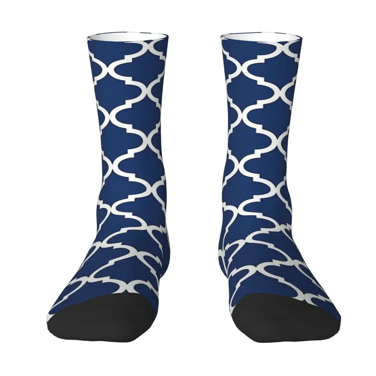 Navy Blue White Quatrefoil Gloden White Navy Blue Geometric Unisex Winter Socks Running Happy Socks Street Style Crazy Sock