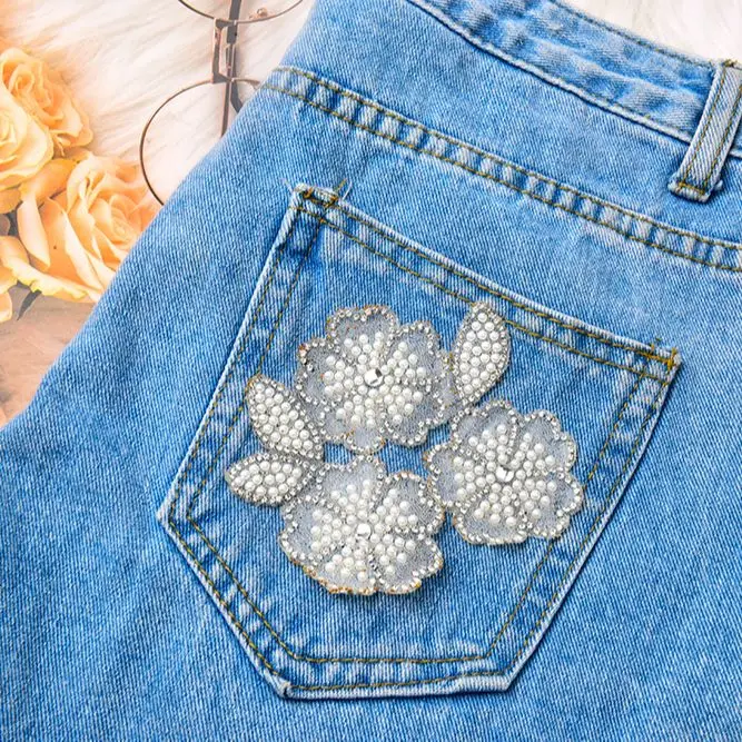 5pcs Pearl Caviar Beads Rhinestone Flower Motifs Patches Applique Iron On For Clothing Sticker Diamond Accessories