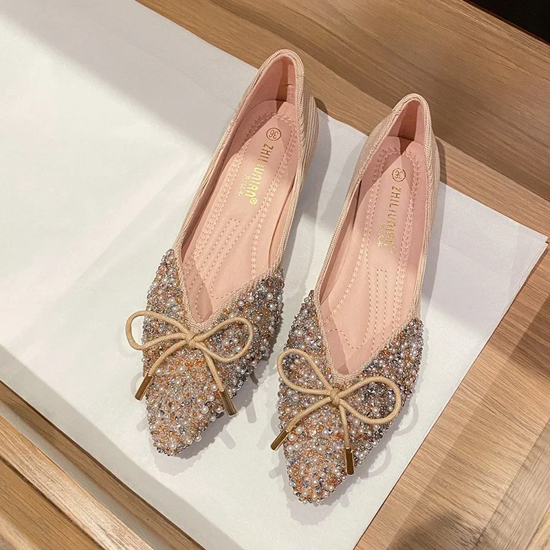 2024 nova edição de outono sapatos casuais femininos strass decoração dedo do pé apontado plano com strass lantejoulas sapatos femininos casuais