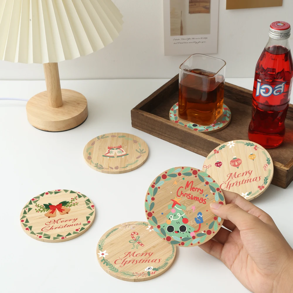 

5PCS Merry Christmas tree Heat-insulated Tea Cup Pads, Bamboo Coasters, Kitchen Decoration, Home Dinning Placemat