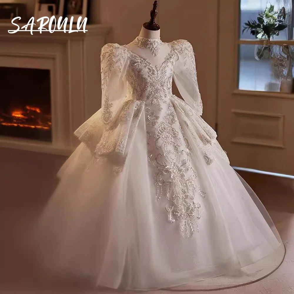 Robe de princesse de luxe pour filles, manches longues bouffantes, fermeture à lacets réglable, robes florales en dentelle perlée, robe de soirée