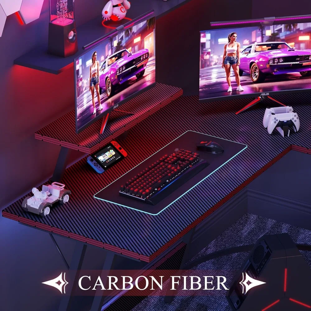 L Shaped Gaming Desk, 51 Inch Computer Corner Table with Large Monitor Stand & Carbon Fiber Surface for Home Office Study Writin