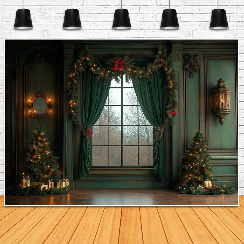 Mocsicka Photography Background Christmas Interior Decoration Dark Green Wall Window Xmas Tree Backdrop Studio Photo Shoot Props