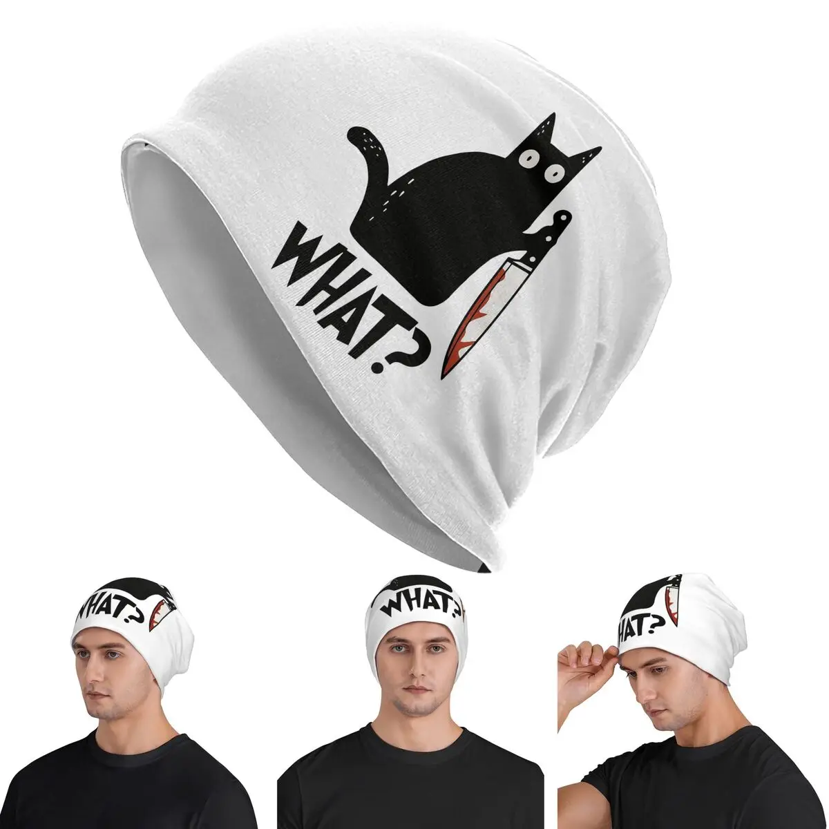

Cat What Murderous Black Cat With Knife Skullies Beanies Hats Warm Autumn Winter Outdoor Cap Knitted Bonnet Caps Adult