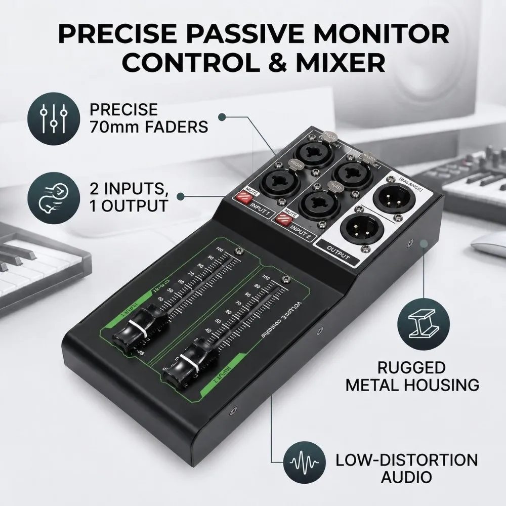 70mm / 2.76in Fader Passive Monitor Controller XLR Interface Plug and Play Stereo Studio Tuner 1 In 2 Out Volume Mixer