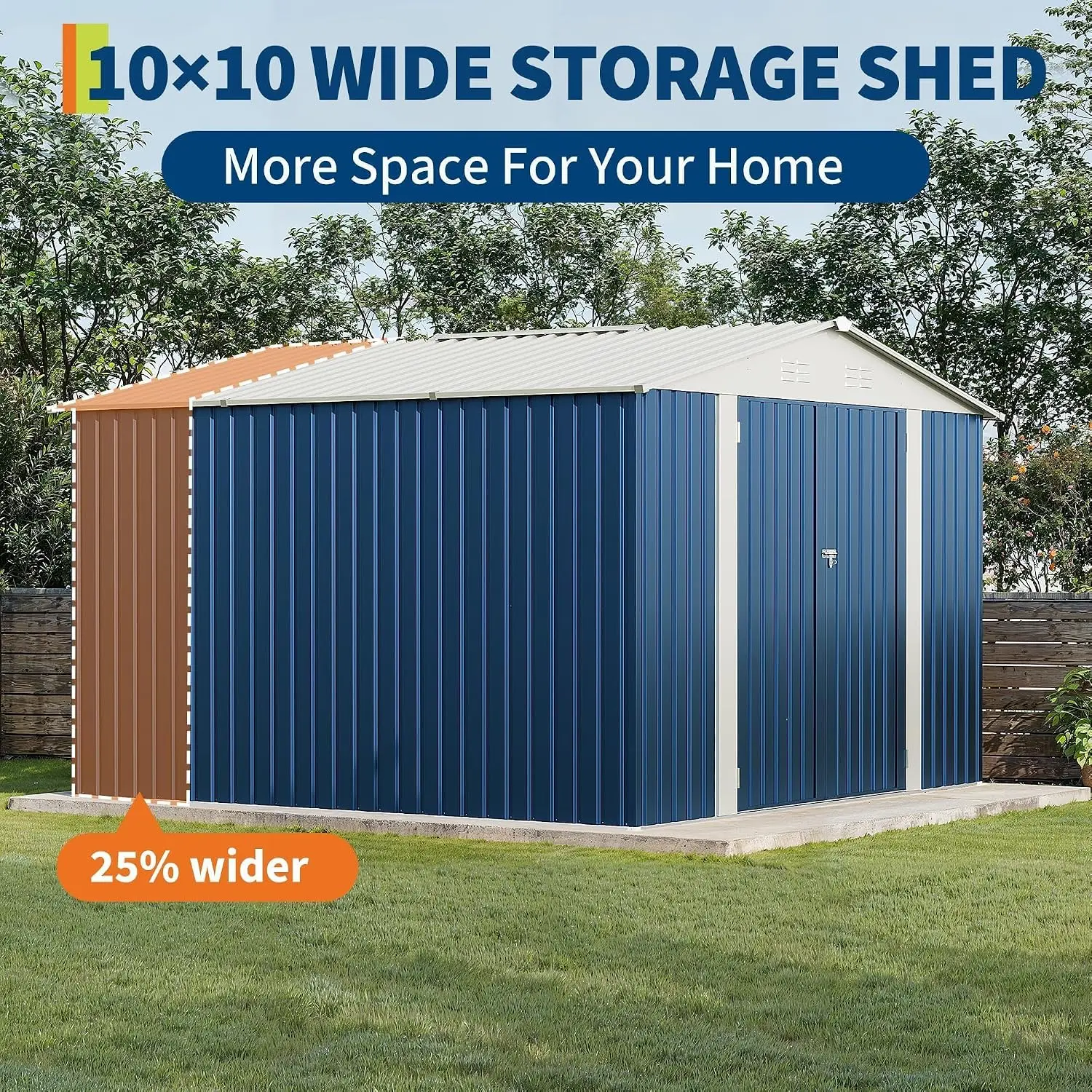 10x10 FT Metal Storage Shed Lockable Doors Floor Frame Blue, Customized