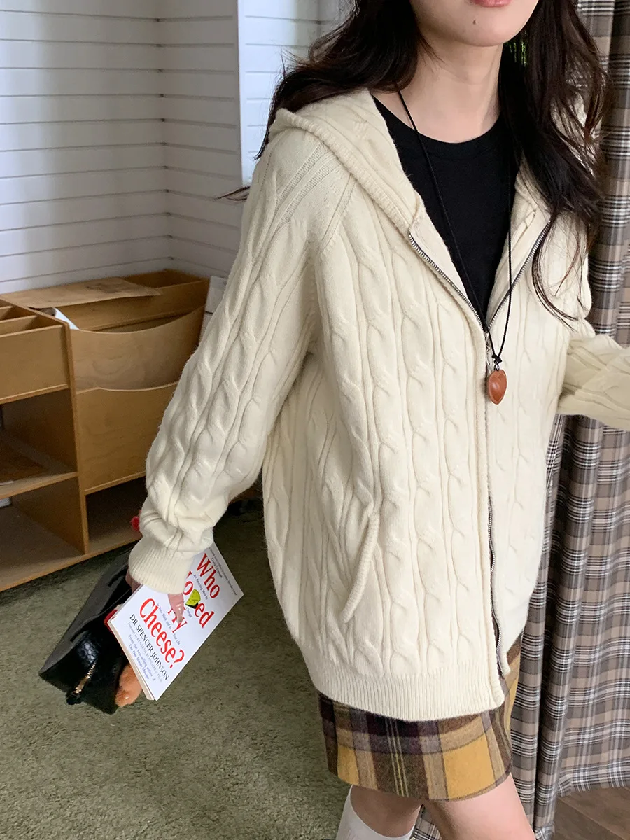 Mantel sweter berkerudung Fried Dough Twists ritsleting ganda desain baru awal musim gugur