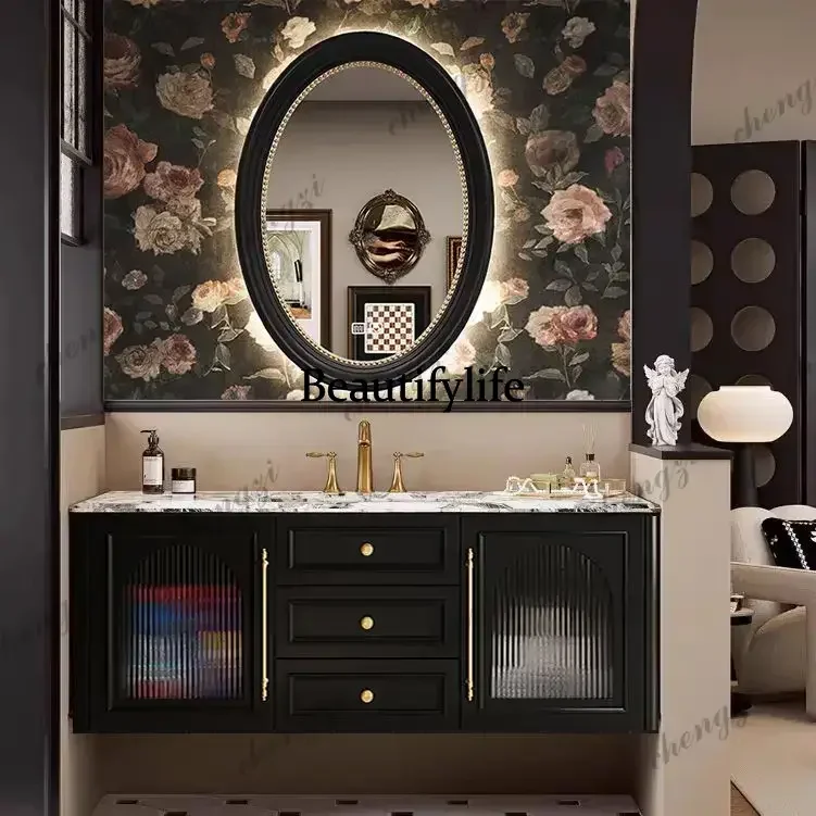 French Retro Oak Bathroom Vanity, American Style Ceramic Sink Combo, Wood Washbasin Cabinet for Toilet b567