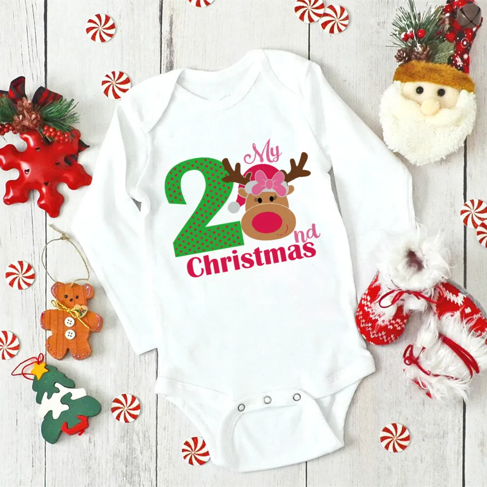 Mein Zweites Weihnachten Neugeborenes Baby Langarm Strampler Cartoon Hirsch Santa Print Outfits Säugling Taufe Bodys Kleidung Weihnachtsgeschenke