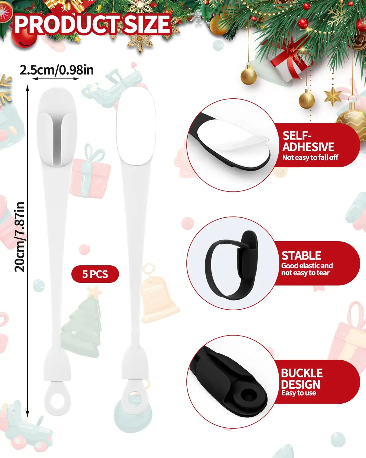 5 PCS Christmas Garland Hanger for Mantle Garland Hooks, Christmas Wreath Ties, Fireplace Stocking Holder, Silicone Adhesive