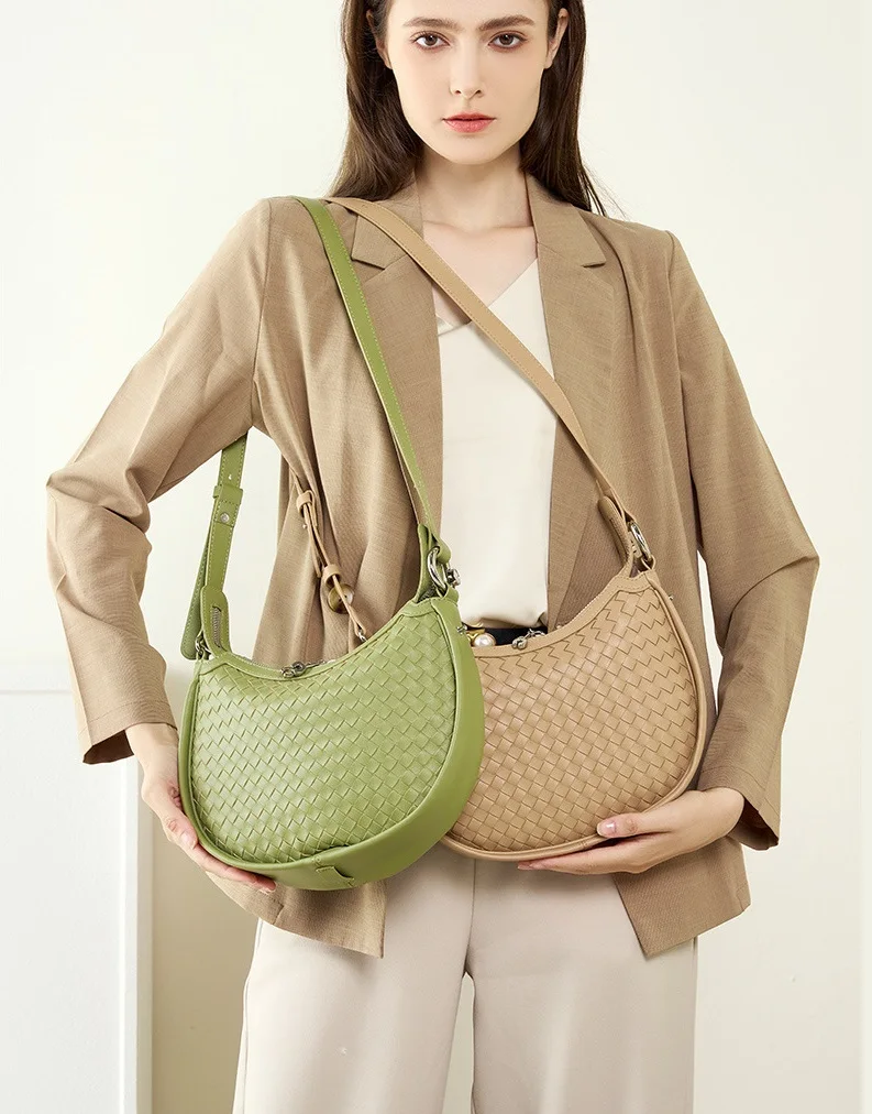 100% Genuine Leather Women Handbags Woven Ladies Shoulder Bags Female Side Bags