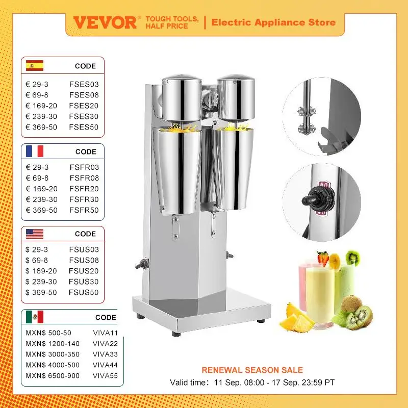 VEVOR Milk Shake Machine 800ML Commercial Auto Double Cups Milkshaker Stainless Steel Shaking Maker Bubble Boba Tea Drink Mixer