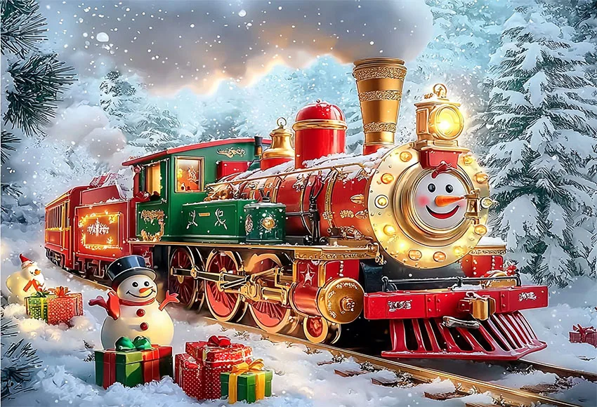 Mehofond 3D قاطرة قطار أخضر خلفية التصوير الفوتوغرافي ، خلفية شجرة عيد الميلاد ثلج ، غيوم الغابات الشتوية الزينة ، الهدايا