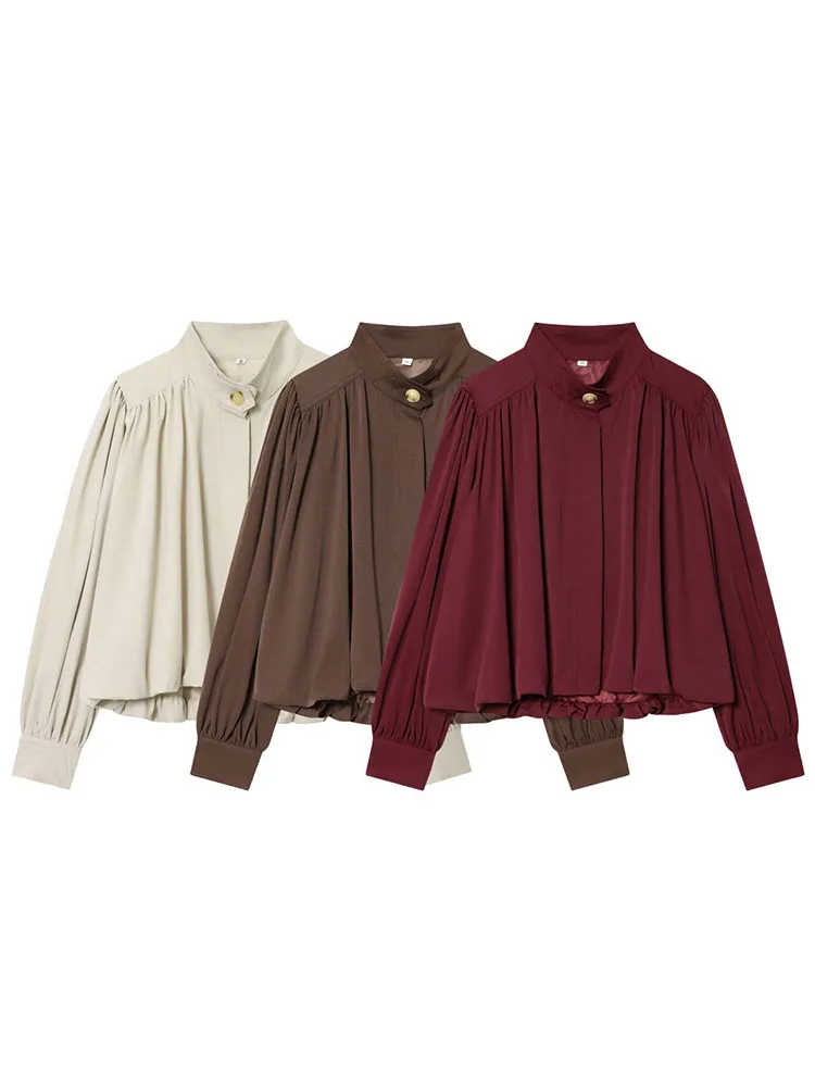 HH Woman Fashion Autumn High Collar Long Sleeves Single Row Buttons Pleated Decoration Jacket Female Casual Slim Fit Overcoat