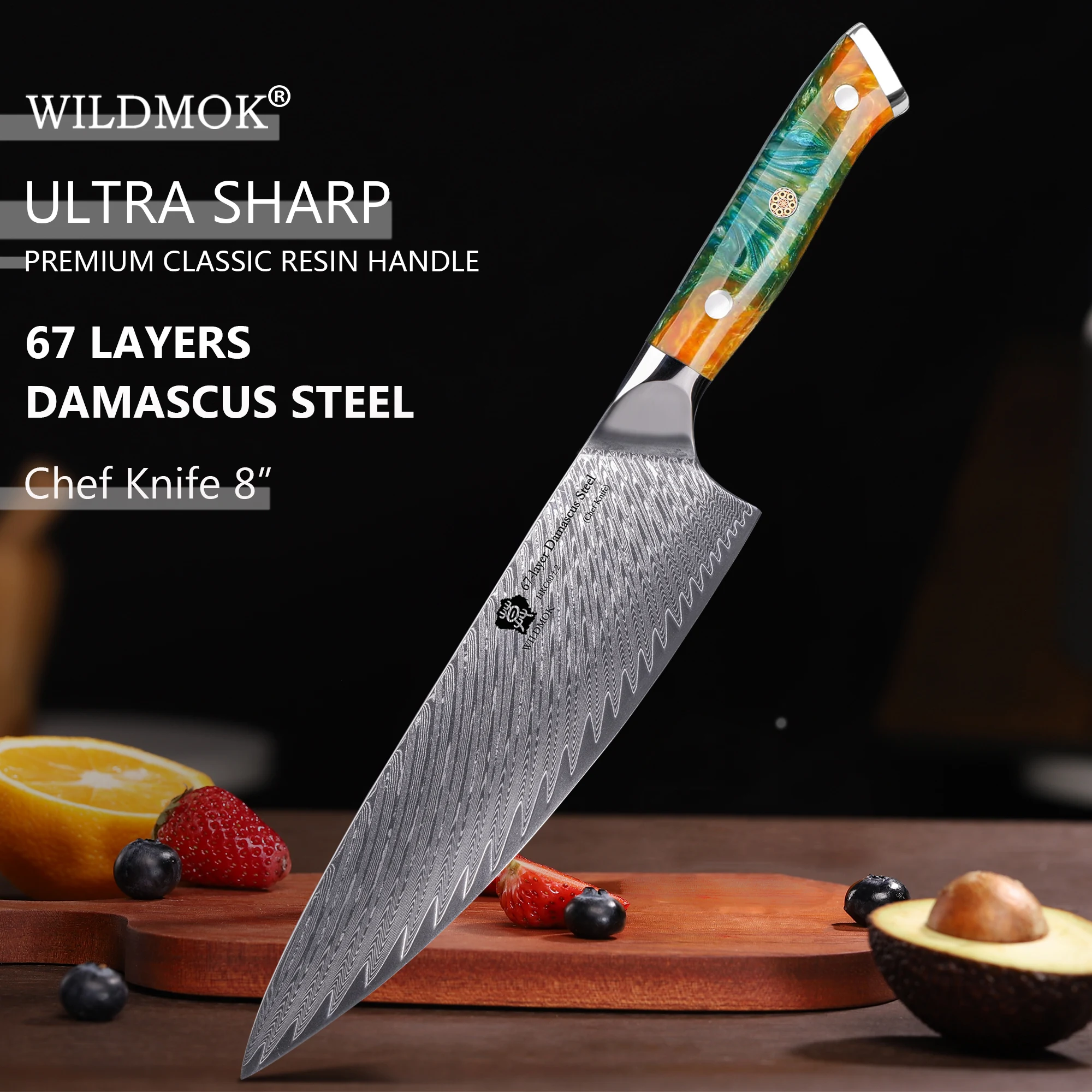 WILDMOK High Carbon Steel  8 Inch Chef Knife Professional 67 Layers Damascus VG10 Kitchen Knives with Resin Handle
