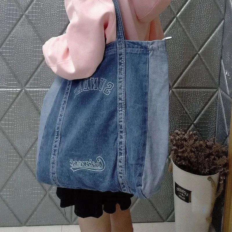 

Women Letter Embroidery Jeans Bag Large Capacity Reusable Shopping Bag High Quality Casual Handbag Korean Harajuku Shoulder Bag