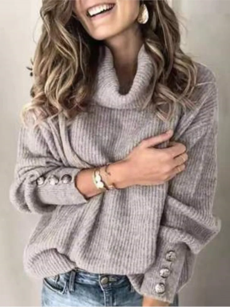 Otoño Invierno mujer Top liso suéter moda cuello alto manga larga Casual suelto elegante mujer vacaciones Tops suéteres nuevo