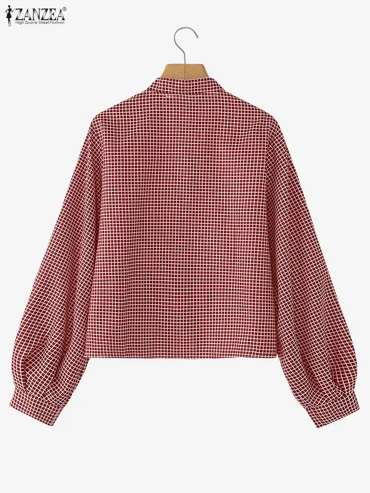 ZANZEA Herbst Kariertes Hemd Frauen Langarm Tops Frühling Büro Arbeit Bluse Casual Tasten Blusas Elegante Spitze-Up Urlaub bluse