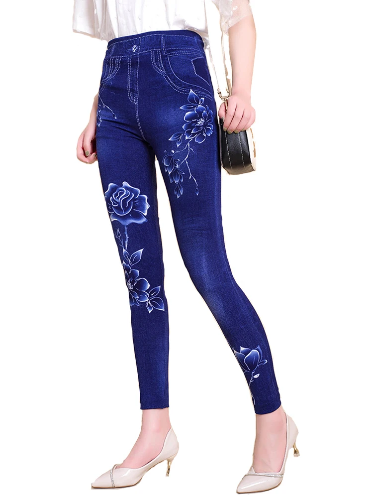 CUHAKCI Out Wear Peony Printed Tight ImiTation Denim Summer Women Pants Fitness Jeans High Stretch Seamless Fitness Yoga Legging