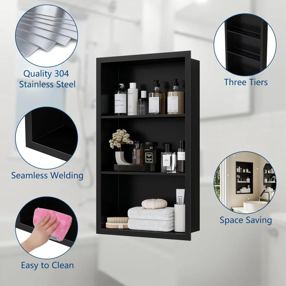خزانة أدوية مجوفة مقاس 14 × 24 بدون مرآة، مكانة جدارية من الفولاذ المقاوم للصدأ 304 مع أرفف من 3 طبقات، أسود غير لامع للحمام الصغير