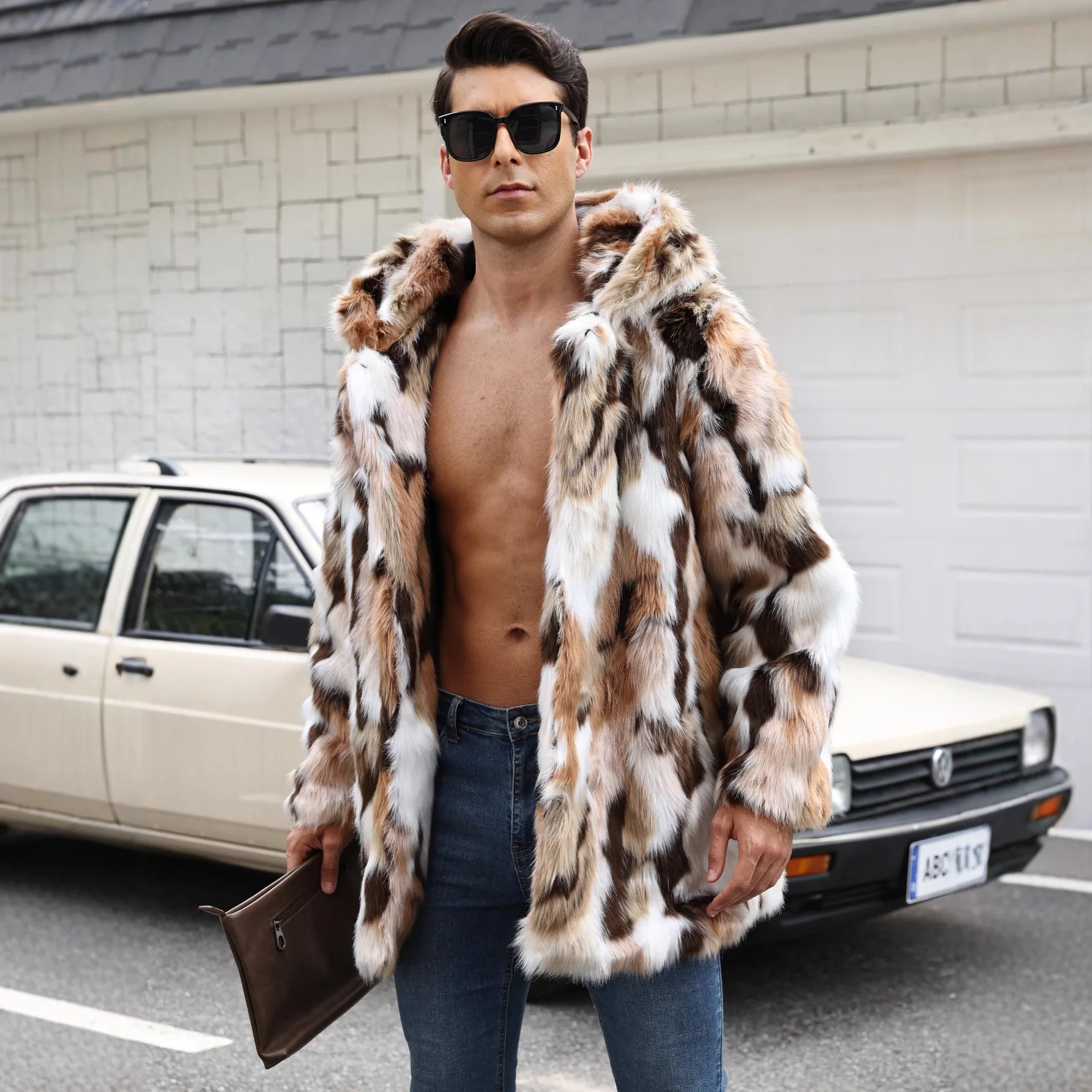Men Faux Fur Mid Length Coats Jackets Hooded Coat Thick Y2k Streetwear Casual Warm Jacket Work Outerwear Autumn Winter 2025