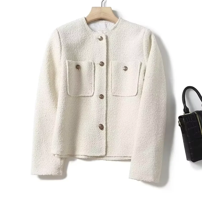 Maxdutti French Fashion Elegant  Jacket Women Textured Coat Office Ladies Round Neck Pocket Top