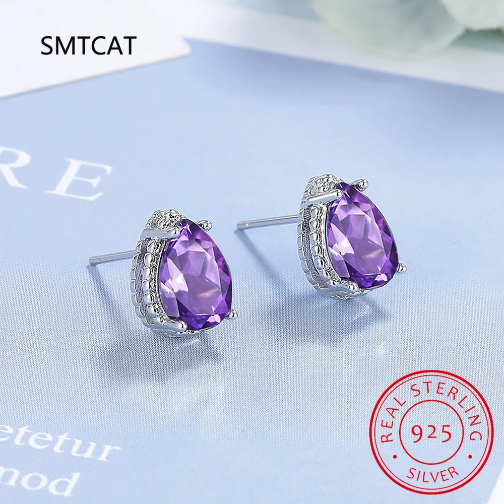 Pear Genuine Blue Topaz Amethyst Citrine Garnet Created Sapphire Ruby Emerald 925 Sterling Silver Water Drop Stud Earrings