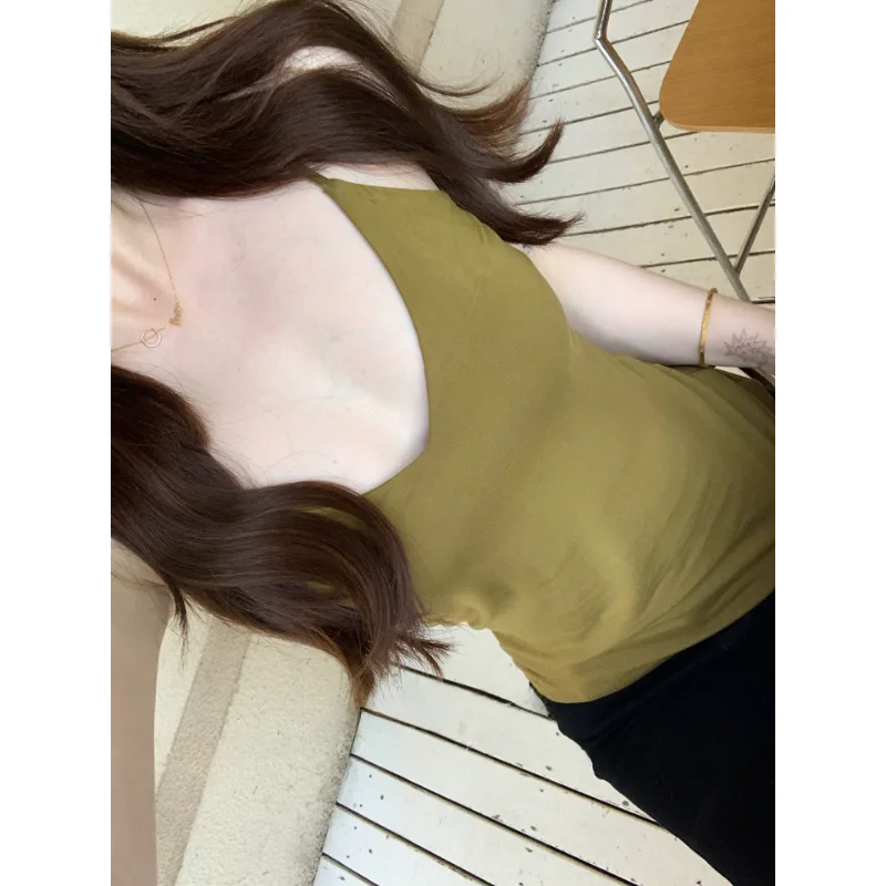 Low V-Neck Crop Top Women's Pure Desire Sexy Simple Slimming Casual Style Polyester Fiber H-Shape Vest White Enhancing