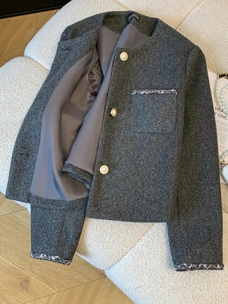 Elegant Faux Woolen Jacket Women Slim Vintage Long Sleeve Sweet Gray Short Coat Spring O Neck Female Pearls Buttons Retro Tops