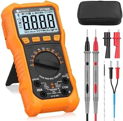 Multímetro Digital TRMS Neoteck de 6000 Lecturas - Rango Automático, NCV, Temperatura, Capacitancia, Diodo, Continuidad - Naranja