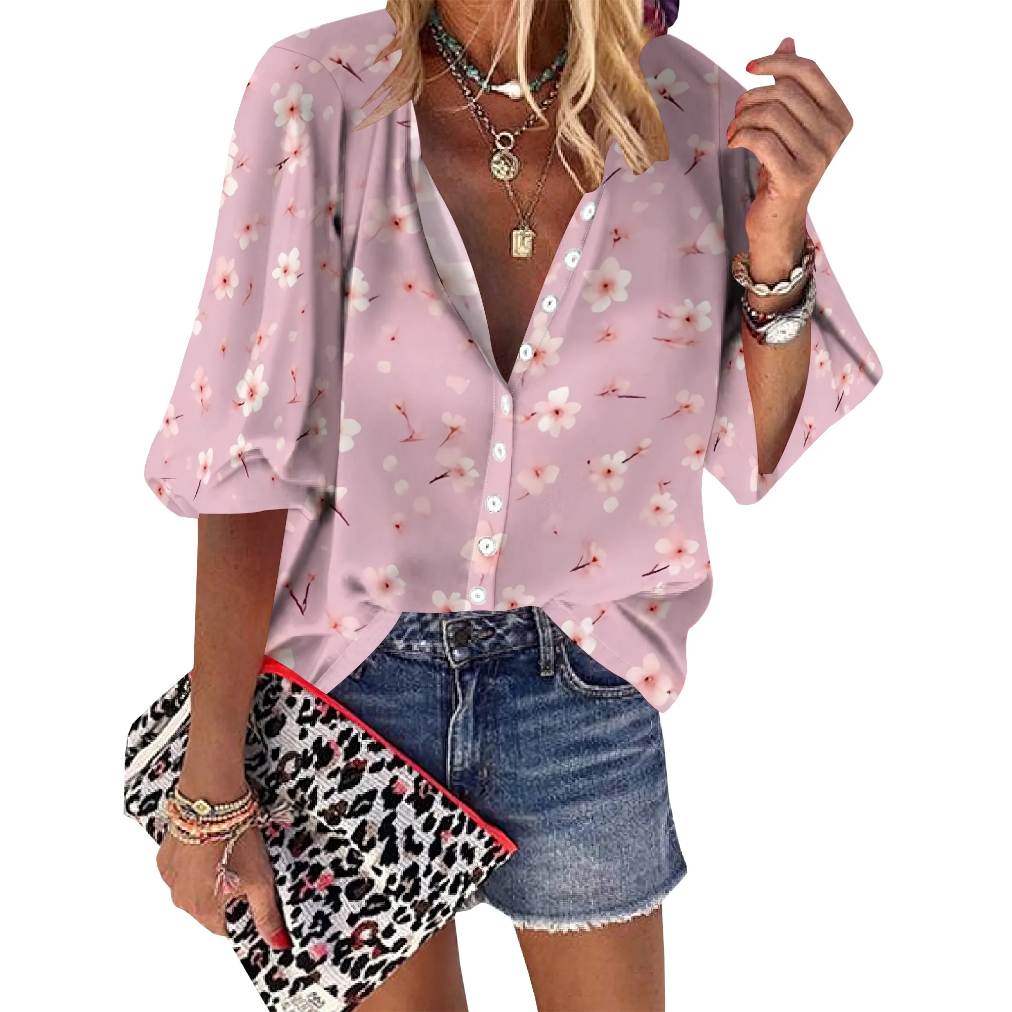 Womens Summer Petite Pink Flower Graphics Blouse Casual Short Sleeve V Neck Shirt Loose Printed Cuffed Sleeve Flower Tops
