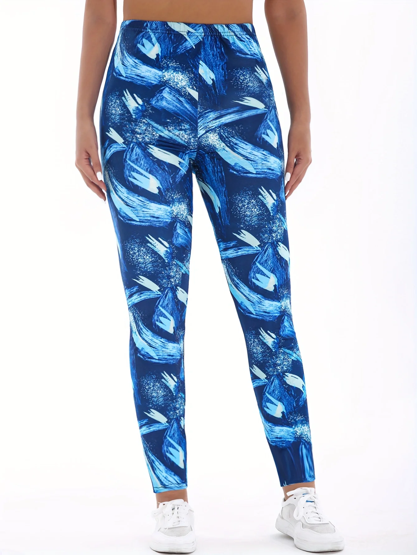 기하학적 캐주얼 타이트 핏 여성 바지, 블루 화이트 팬텀 프린트, 건강한 키에 적합한 스트레칭, 러닝 스포츠 운동