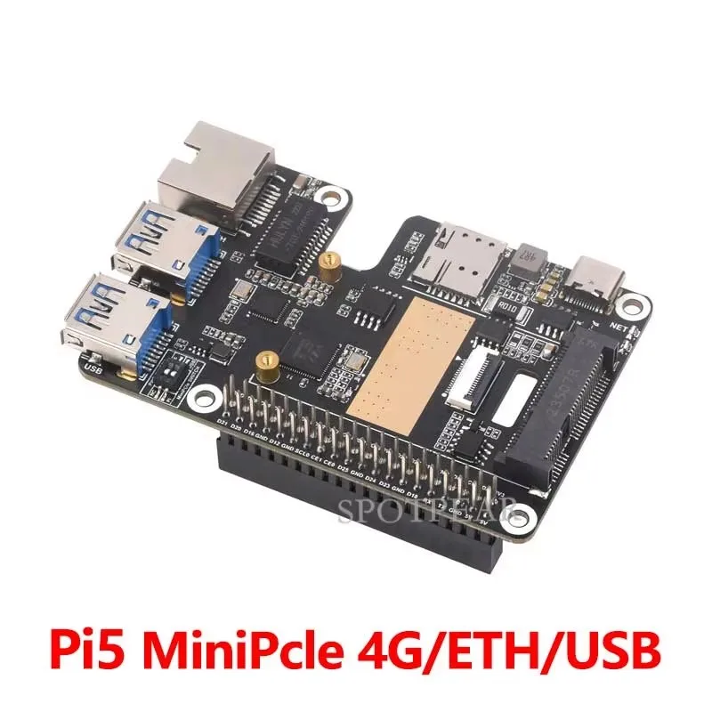 

Waveshare PCIe a MiniPCIe/Gigabit Ethernet/USB 3.2 Gen1 HAT, admite interfaz MiniPCIe módulo 4G, Raspberry Pi 5 HAT