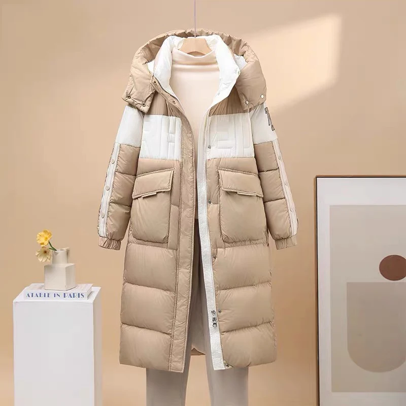Winter Long Patchwork Hooded Down Jacket Female Big Pocket Warm Parker Outwears Women White Duck Down Knee Length Down Jackets