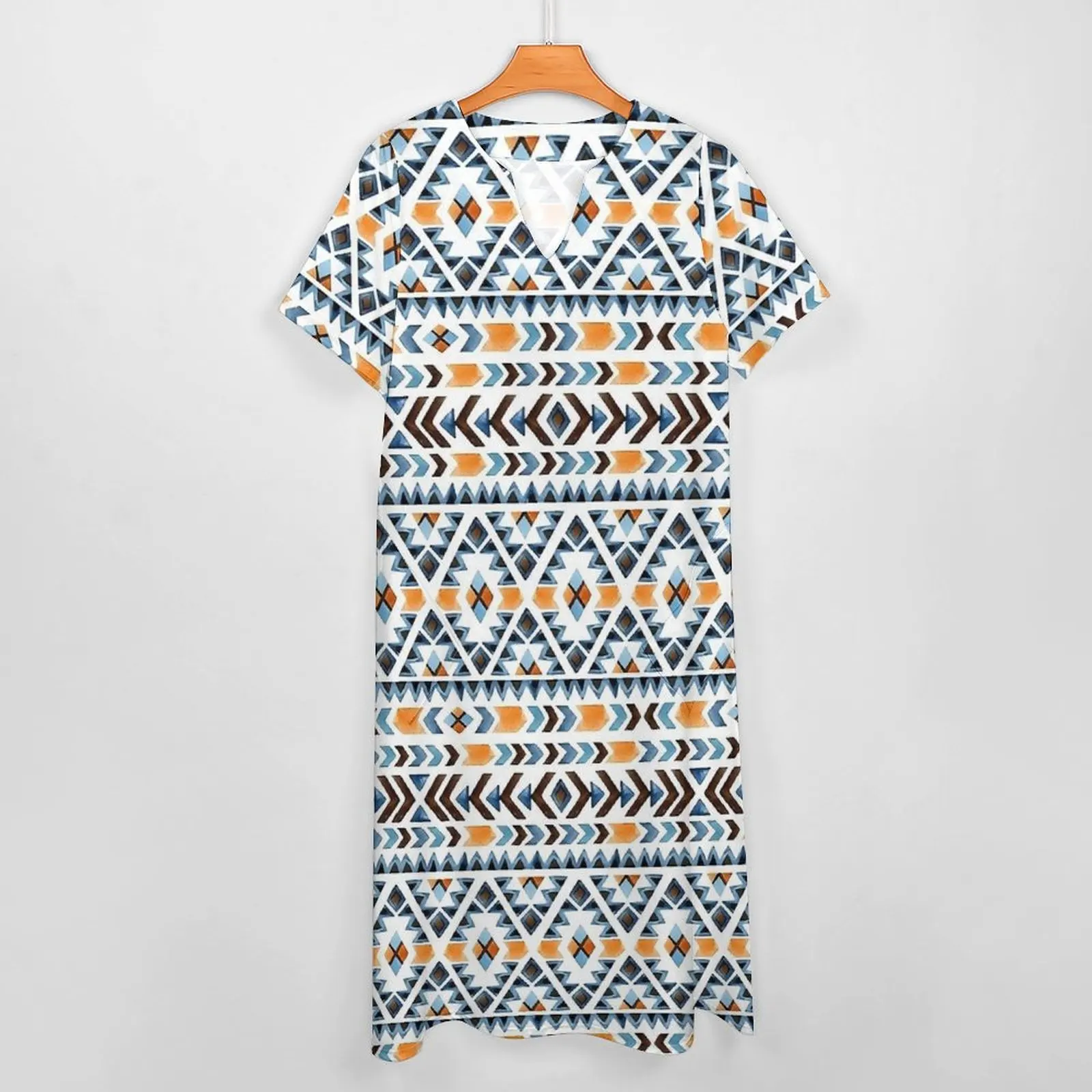 Retro Aztec Art Dress Blue and Orange Kawaii Maxi Dress Casual Long Dresses Womens Short Sleeve Graphic Big Size Clothing