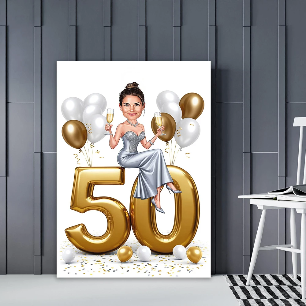 

Personalized 50th Woman Cartoon Portrait Poster Golden Number Caricature Prints Canvas Painting Birthday Funny Gift Wall Decor