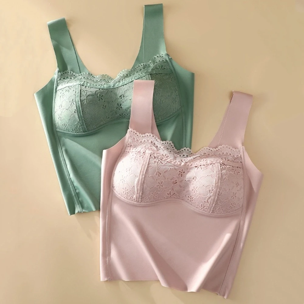 Com almofada no peito renda camisola de seda gelo não traço cor sólida cetim gelo seda espartilho fino ajuste sem mangas colheita topos viagem