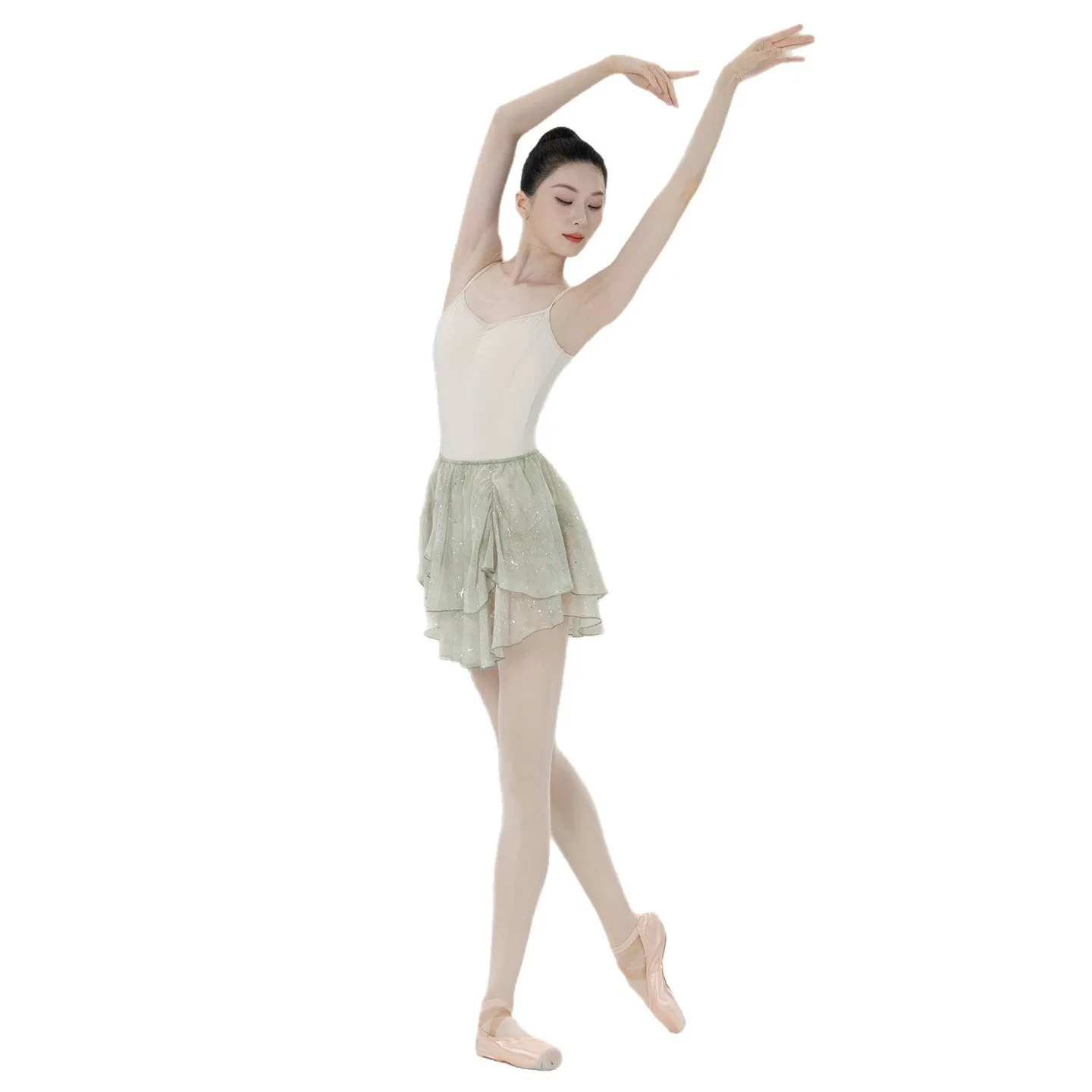 バレエダンススカート二重層シルバー箔プリントメッシュショートフリルチュチュスカート女性アートパフォーマンスボディトレーニングダンスウェア