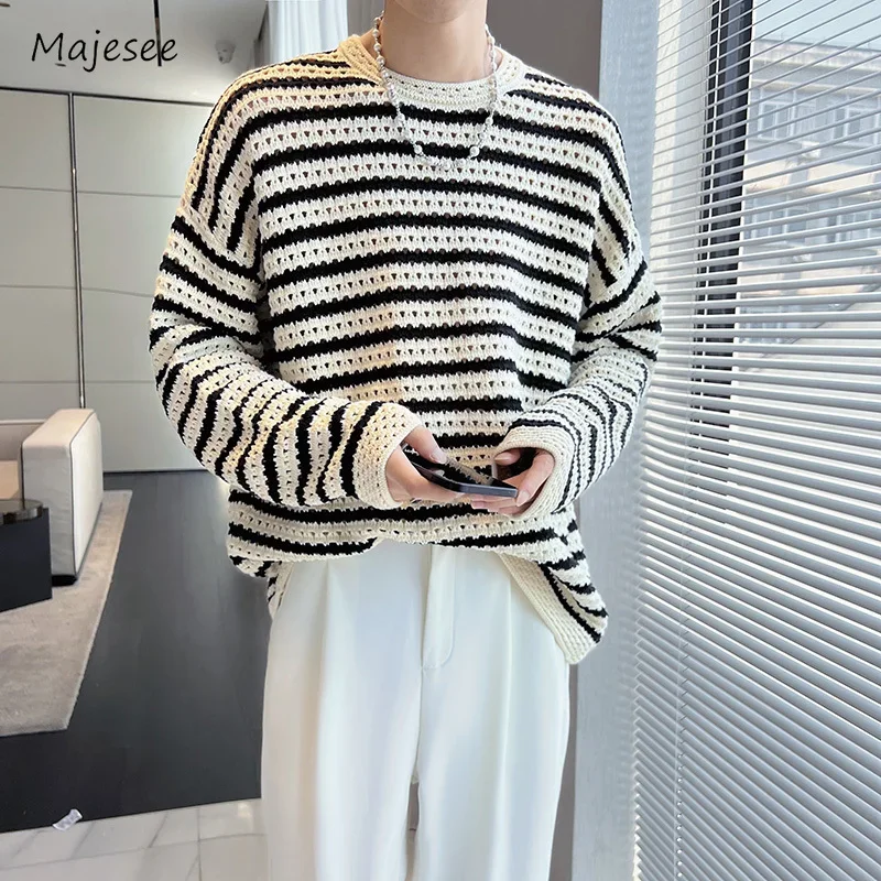 Pullovers Men Streetwear All-match Knitting Loose Korean Style Casual Daily Striped Hollow Out Spring Autumn O-neck Teenagers