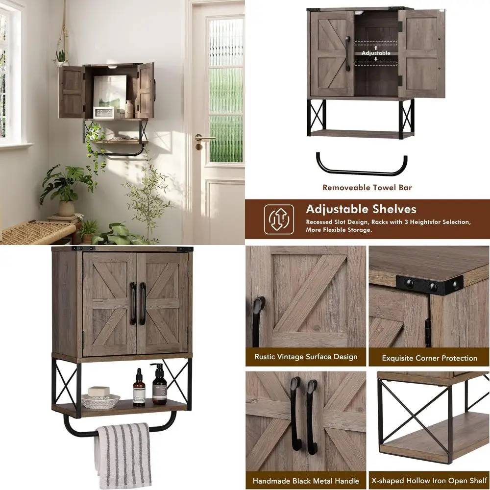 

Навесной шкаф-тумба в деревенском стиле с дверцами-амбарными, деревянный настенный органайзер с регулируемой полкой и вешалкой для полотенец, 3-уровневый, для ванной/гостиной