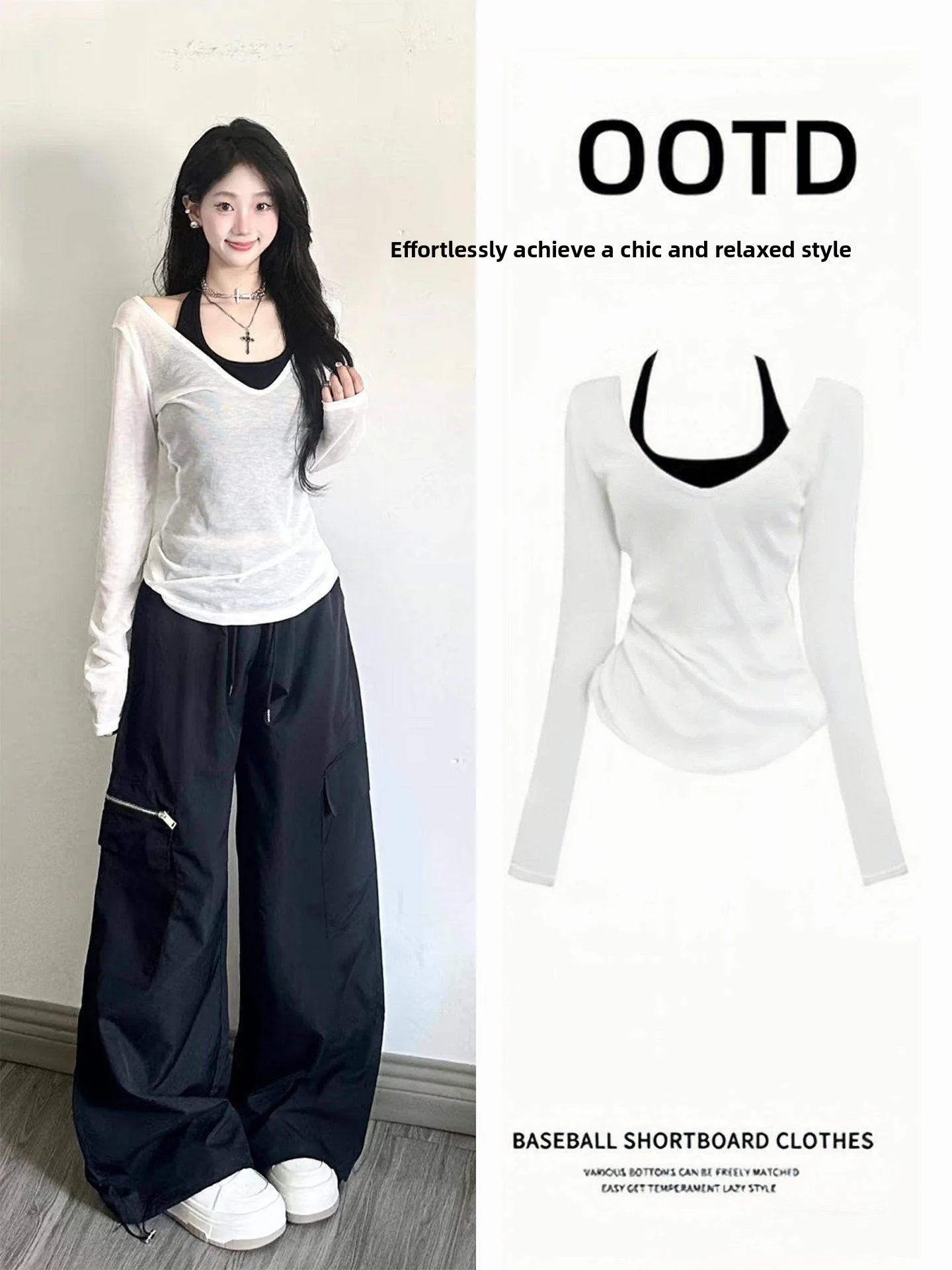 White Lace Cover up Top Women's Strap Two Piece Set Unique Beautiful Early Spring Styling Korean Style Long Sleeve V Neck