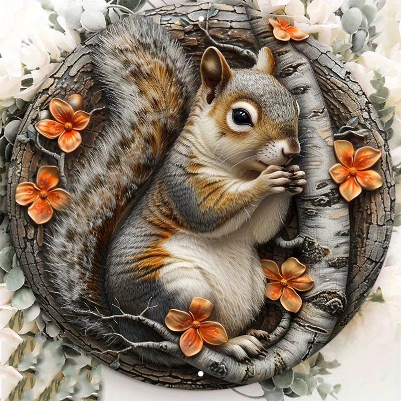 Charming Squirrel and Orange Flowers on Birch Tree, Round Aluminum Sign, UV and Scratch Resistant, Wall Art, Home Decor, 8x8in