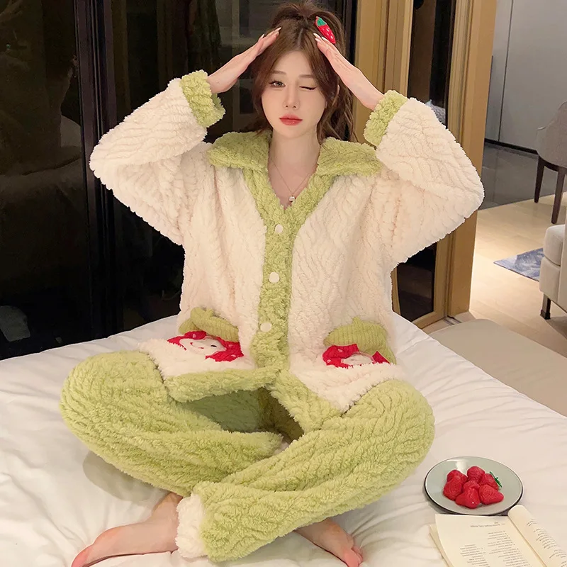 5XL Winter Coral Fleece Thickened Pajamas Women Plus Size Home Clothes Sweet Long Sleeves Loose-fit Loungewear Outside Wear