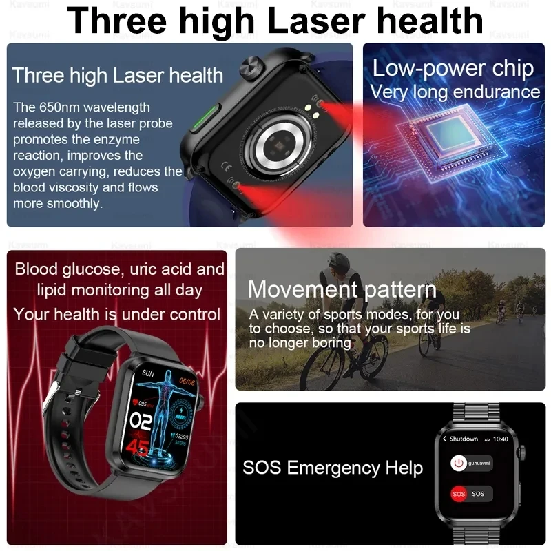 New For HUAWEI Xiaomi Medical Grade Laser Therapy Smartwatch Blood Glucose Blood Lipid Bracelet Bluetooth Call Health Smart Watc