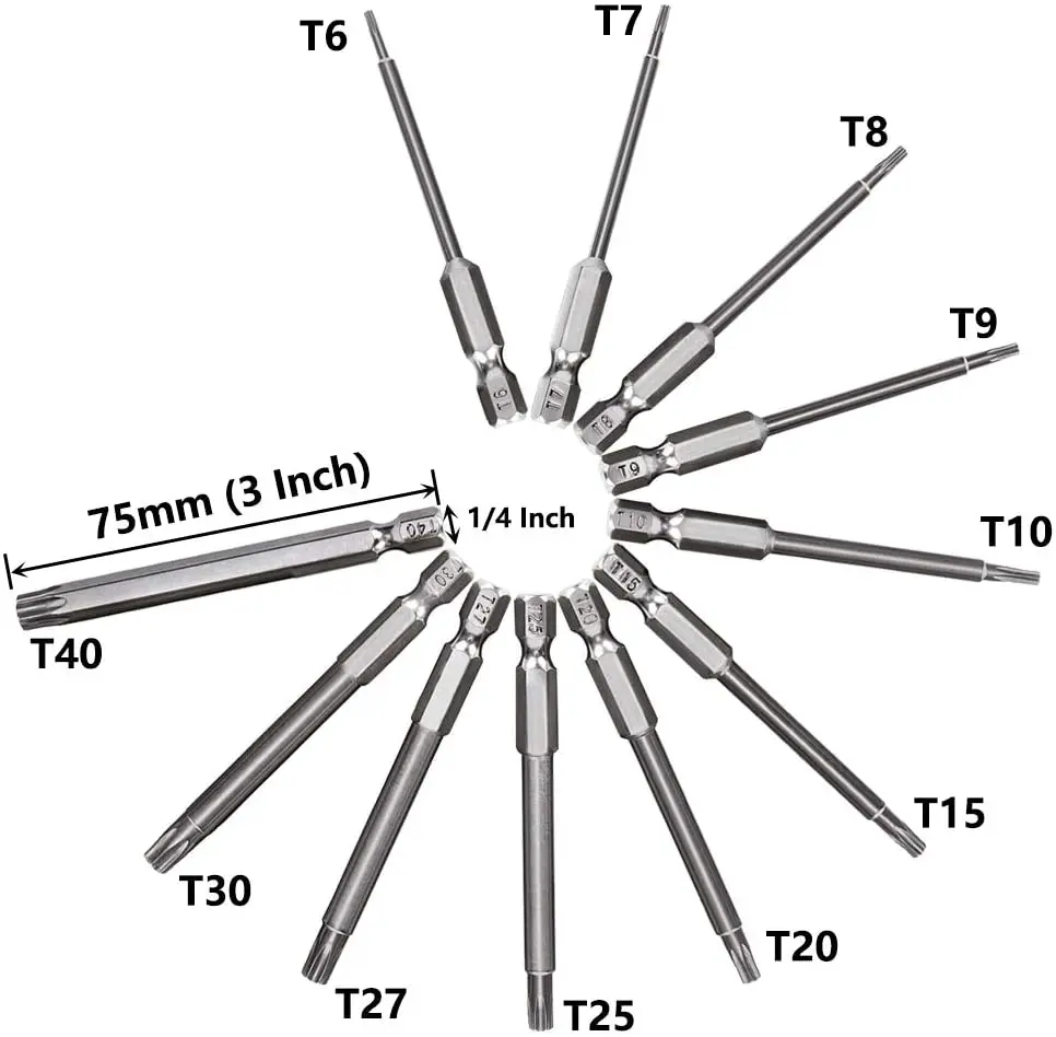 11 Uds Torx conjunto de puntas de destornillador con agujero T6 T8 T9 T10 T15 T20 T25 T27 T30 T35 T40 1/4 pulgadas vástago hexagonal 75mm/3 pulgadas de largo
