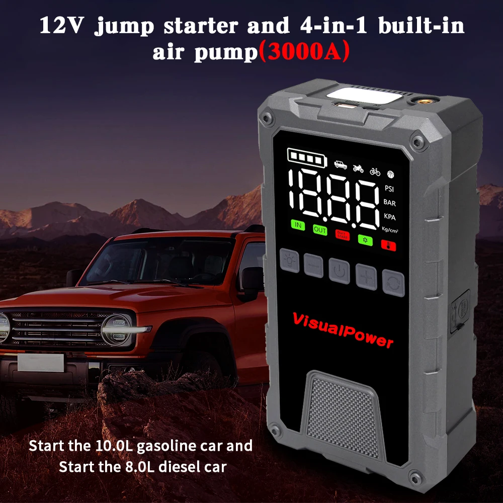 3000A Jump Starter with Air Compressor 12V Portable Battery Booster Pack for 10.0L or 8.0L Diesel with Digital Tire Inflator