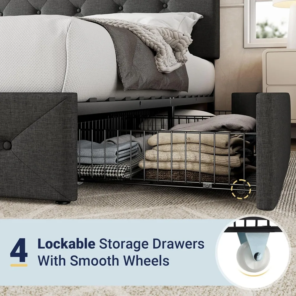 إطار سرير منجد بحجم كوين مع 4 أدراج تخزين ولوح رأسي، وزر مخيط بالألماس معنقدة