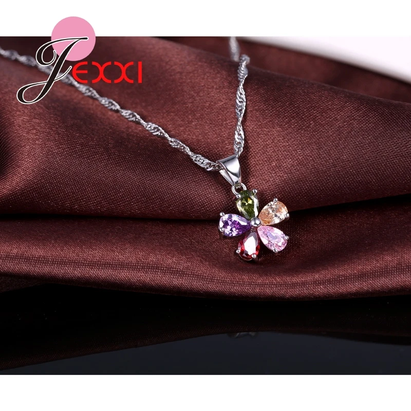 Five Petaled Flowers Shinning Colorful CZ Crystal Pendant Jewelry Sets 925 Sterling Silver Necklace + Dangle/Hoop Earring Sets