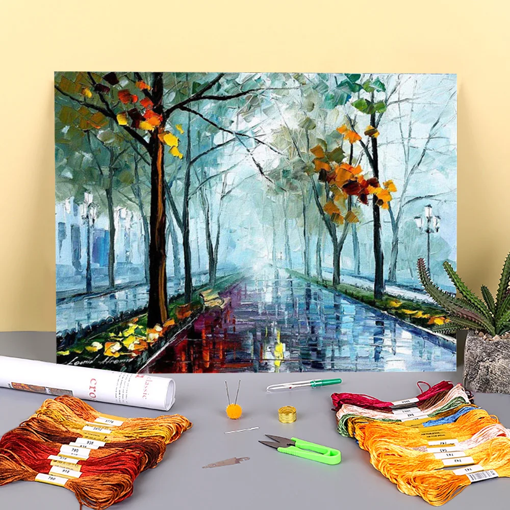 Oil Painting Style Rainy Day Printed Canvas 11CT Cross-Stitch Complete Kit Embroidery DMC Threads Needlework Sewing      Floss